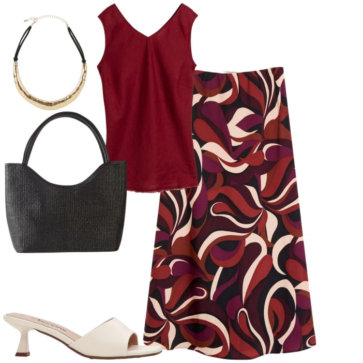 Outfit donna - Bonprix. Stile Urban per Tutti i giorni. Abbinamento con gonne longuette, top, shopping bag, sandali, collane.