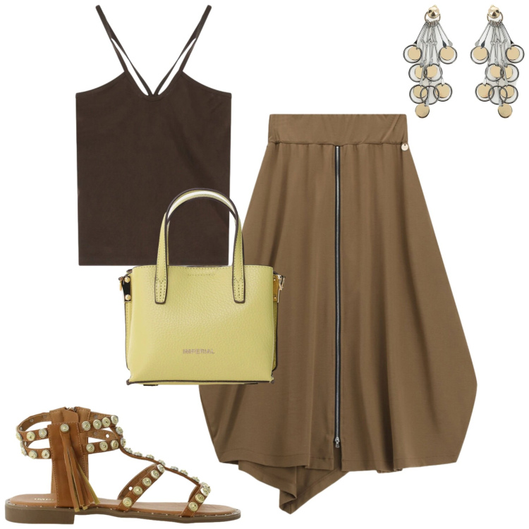Outfit donna - Imperial Italian fashion. Stile Casual chic per Tutti i giorni. Abbinamento con orecchini, gonne longuette, canottiere, borse a tracolla, sandali.