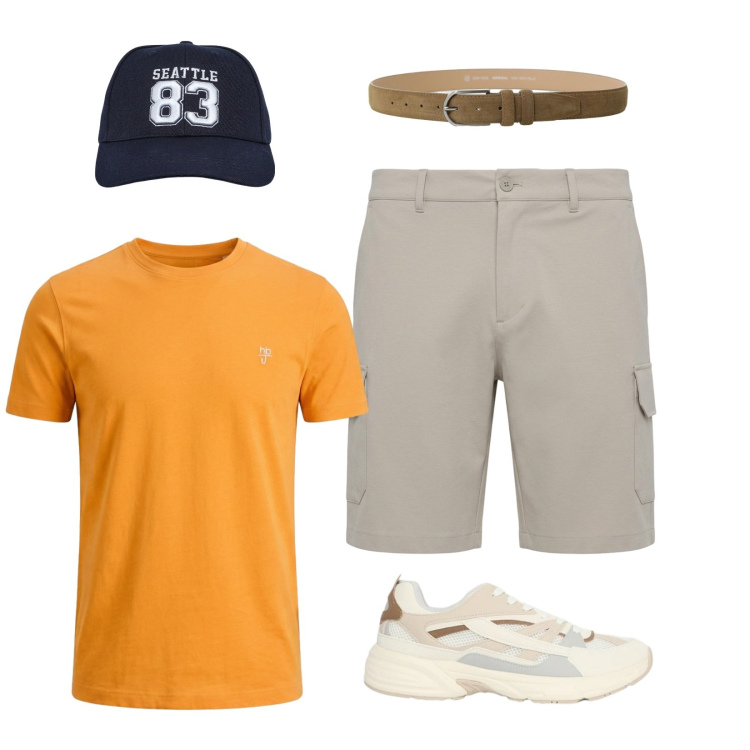 Outfit uomo - Senza pensieri. Stile Casual per Tutti i giorni. Abbinamento con t-shirt, cappelli, sneakers, pantaloni corti, cinture.