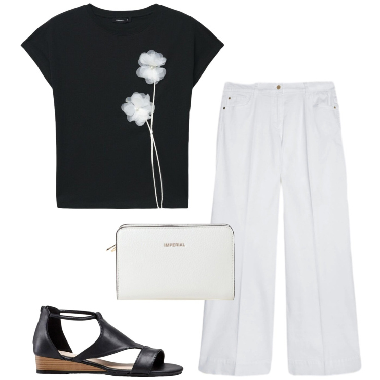 Outfit donna - Total look #2432507. Stile Casual per Tutti i giorni. Abbinamento con sandali, t-shirt, pantaloni, borse a tracolla.