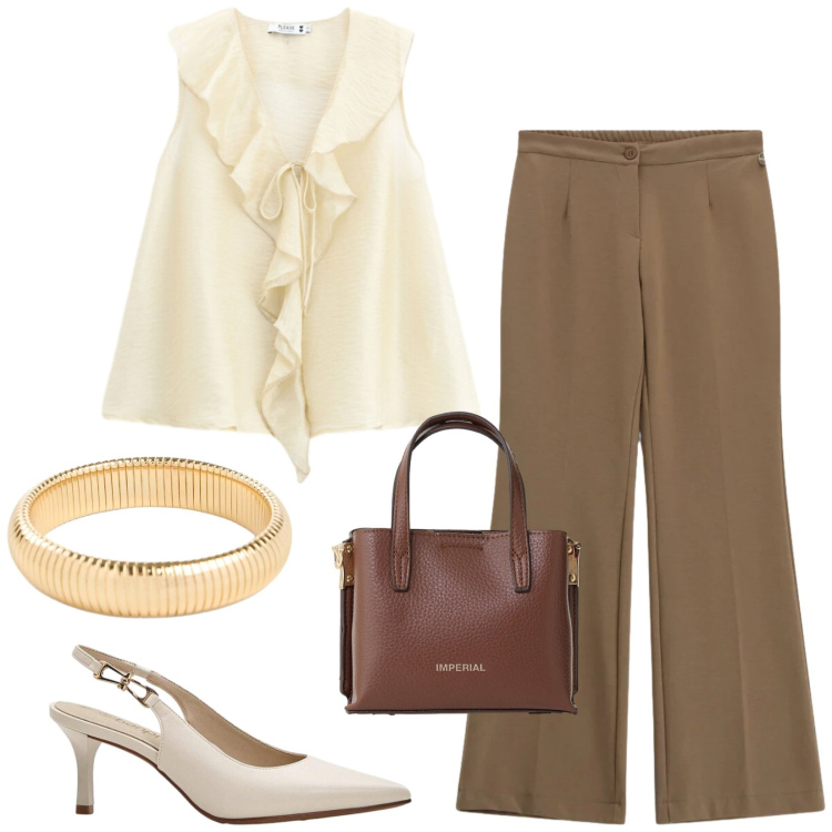 Outfit donna - Total look #2432508. Stile Chic per Ufficio. Abbinamento con décolleté, braccialetti, top, pantaloni a palazzo, borse a tracolla.