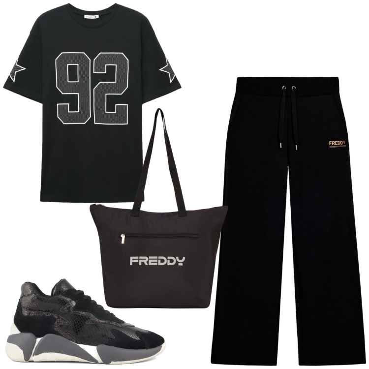 Outfit donna - Total look #2432529. Stile Casual per Sport. Abbinamento con t-shirt, pantaloni, shopping bag, sneakers alte.