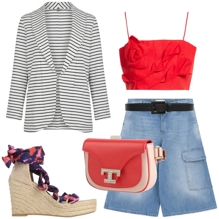 Outfit donna - Il bermuda. Stile Glamour per Tutti i giorni. Abbinamento con marsupi, espadrillas, top, cinture, bermuda, blazer.
