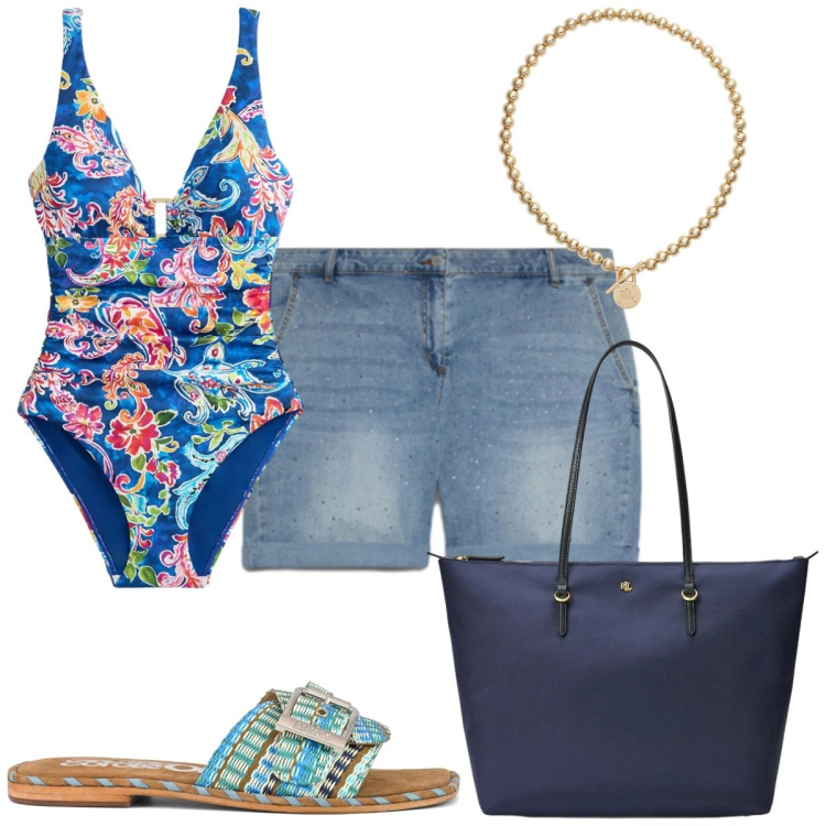 Outfit donna - Fiorella Rubino -estate trendy. Stile Trendy per Mare. Abbinamento con shorts, costumi interi, collane, borse tote, ciabatte.