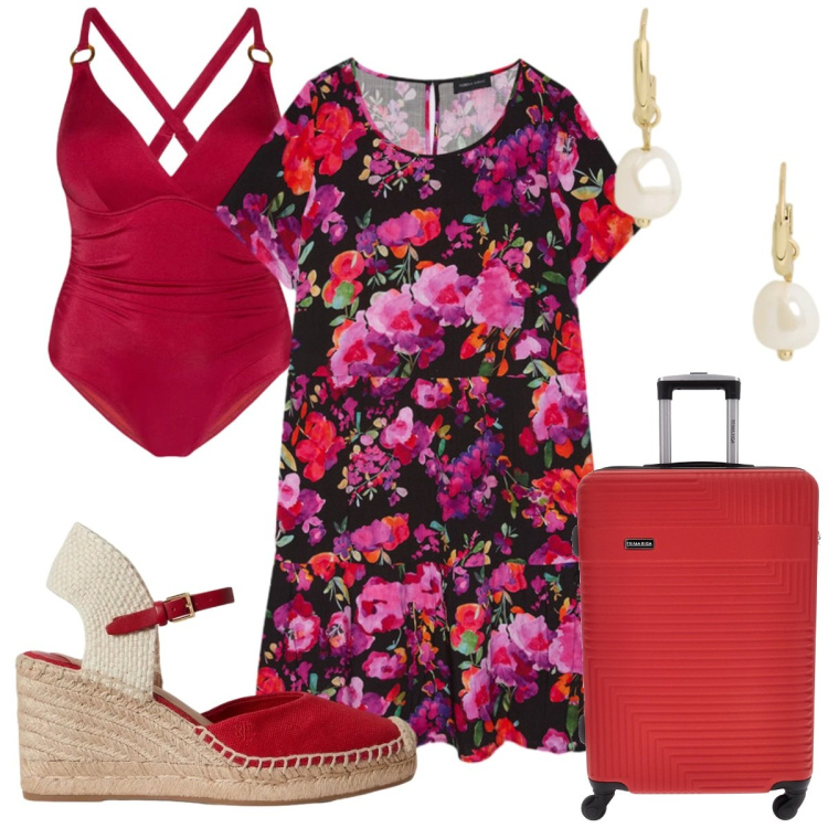 Outfit donna - Fiorella Rubino - in rosso. Stile Trendy per Mare. Abbinamento con vestiti corti, costumi interi, zeppe, orecchini, valigie.