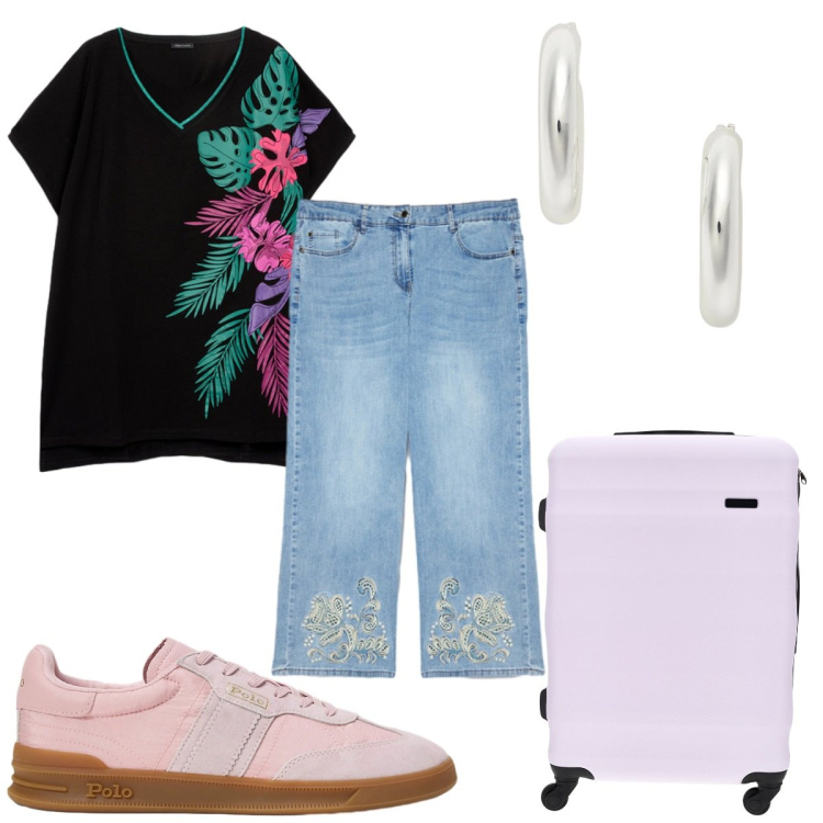 Outfit donna - Fiorella Rubino - estate basic. Stile Basic per Tutti i giorni. Abbinamento con jeans, t-shirt, orecchini, sneakers, valigie.