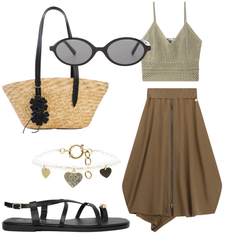 Outfit donna - Tutti i giorni. Stile Casual per Tutti i giorni. Abbinamento con shopping bag, sandali, top, gonne longuette, occhiali da sole, braccialetti.