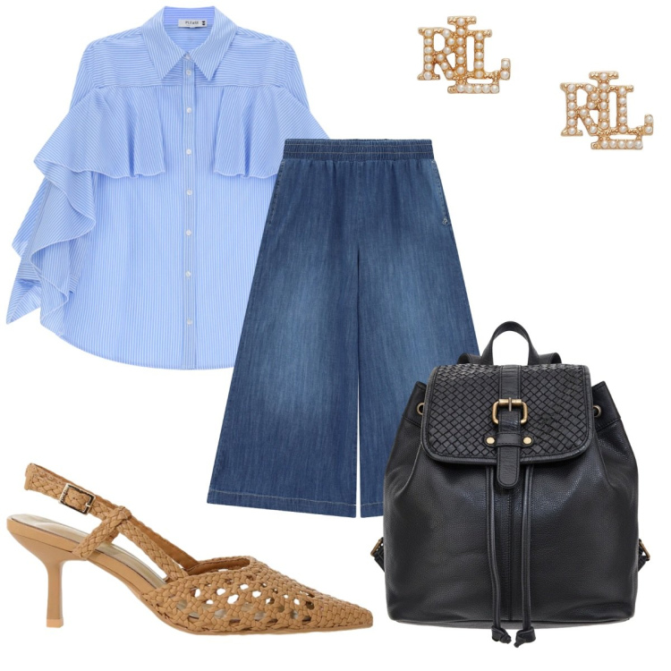 Outfit donna - Please - casual chic. Stile Casual chic per Tutti i giorni. Abbinamento con décolleté, camicie, jeans, orecchini, zaini.