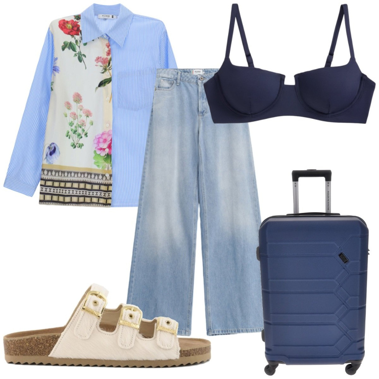 Outfit donna - Please - vacanze boho. Stile Boho per Mare. Abbinamento con camicie, jeans, bikini, sandali in pelle, valigie.