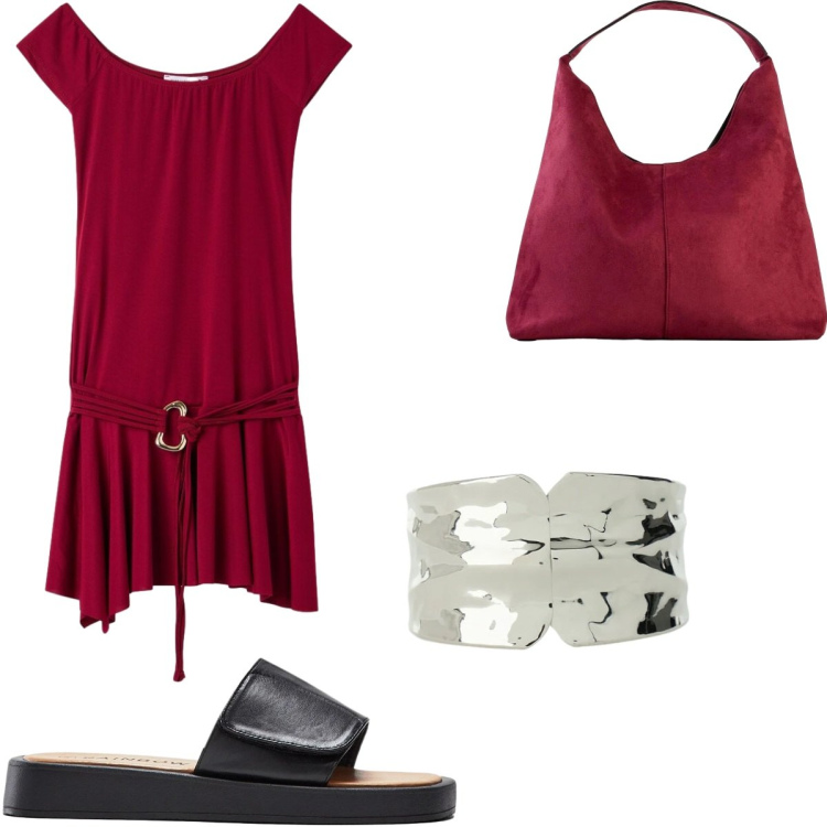 Outfit donna - I colori speziati: cannella. Stile Sexy per Serata fuori. Abbinamento con borse a spalla, ciabatte, vestiti corti, braccialetti.