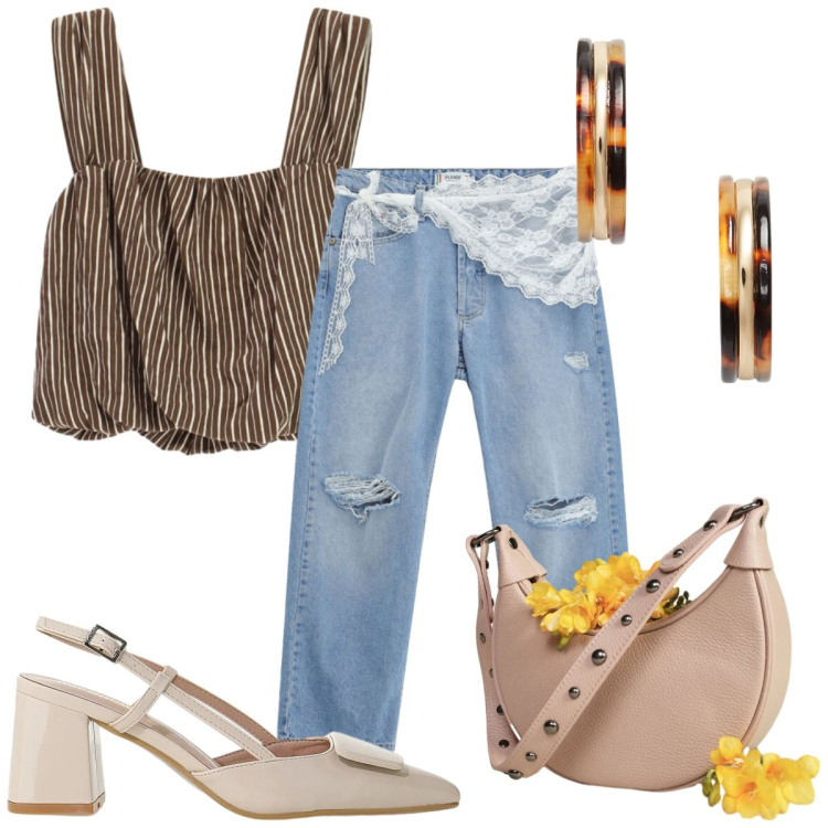 Outfit donna - Please - jeans merletti. Stile Casual chic per Tutti i giorni. Abbinamento con décolleté, jeans strappati, top, borse a spalla, orecchini.