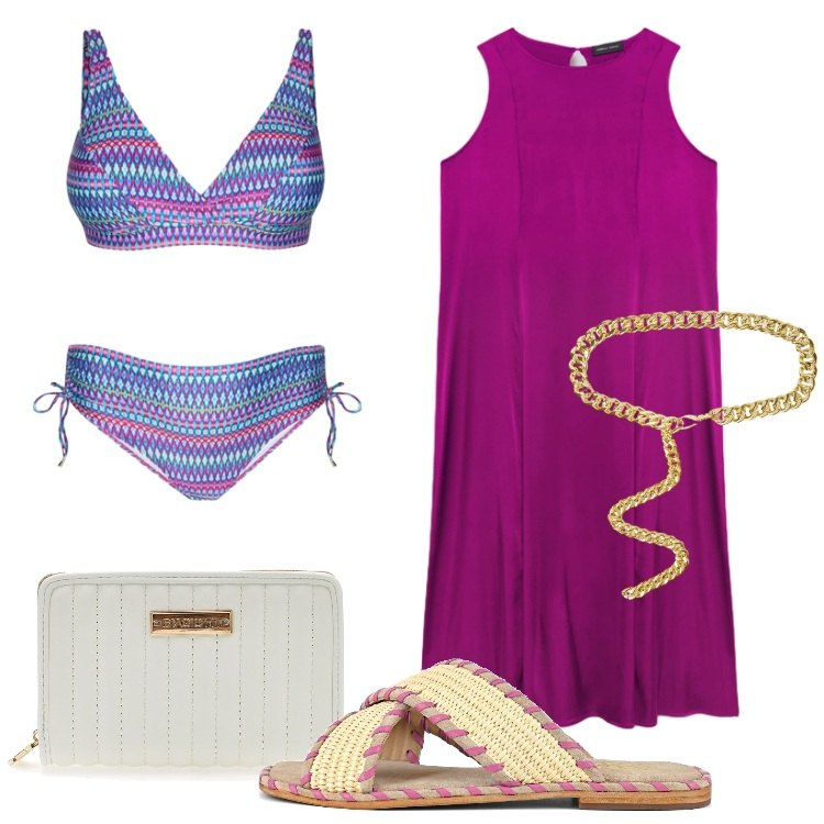 Outfit donna - Fiorella Rubino - Colorful Summer. Stile Basic per Mare. Abbinamento con bikini, vestiti midi/longuette, cinture, ciabatte, portafogli.