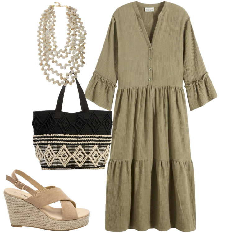 Outfit donna - Bonprix. Stile Casual chic per Mare. Abbinamento con shopping bag, vestiti midi/longuette, sandali col tacco, collane.