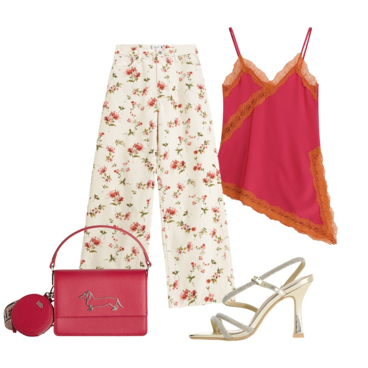 Outfit donna - Appuntamento per un aperitivo. Stile Glamour per Serata fuori. Abbinamento con borse a tracolla, sandali col tacco, top, pantaloni a palazzo.