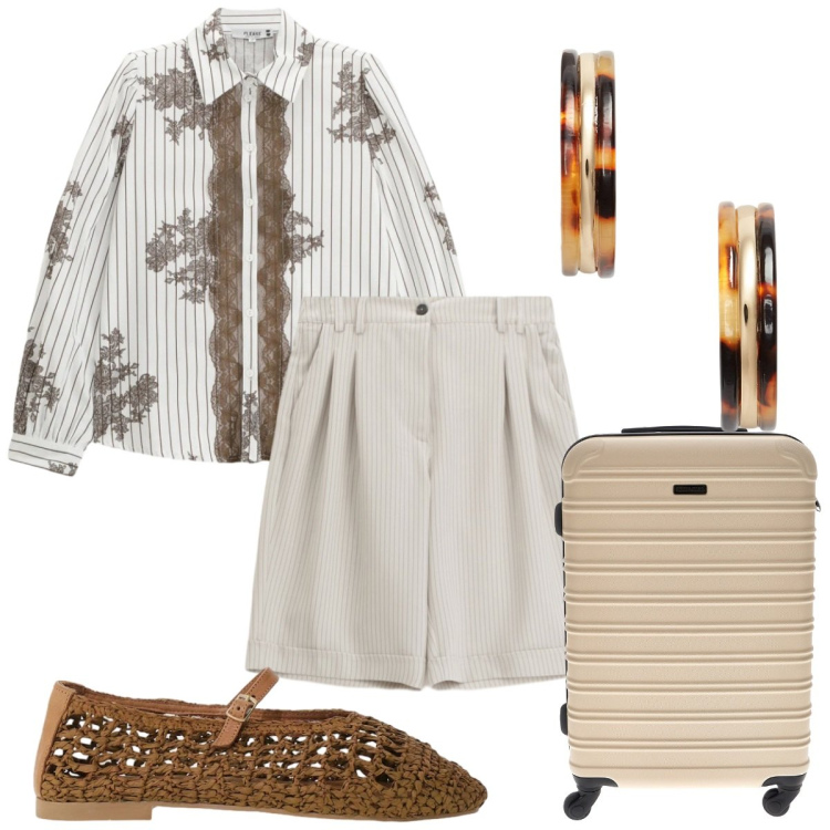Outfit donna - Please : in vacanza. Stile Boho per Tutti i giorni. Abbinamento con bermuda, camicie, ballerine, orecchini, valigie.