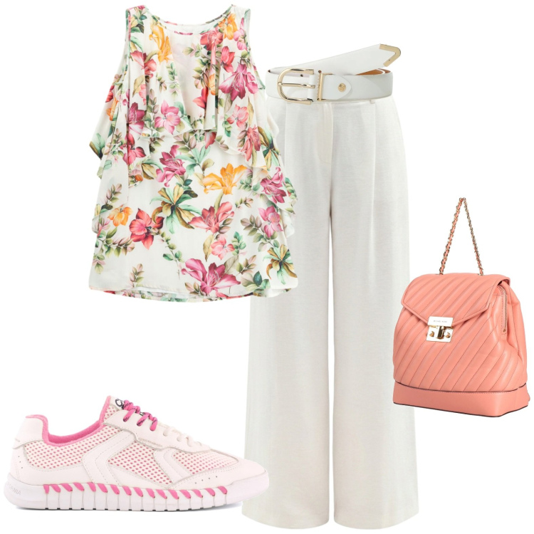 Outfit donna - Al lavoro. Stile Casual per Ufficio. Abbinamento con zaini, pantaloni a palazzo, cinture, vestiti corti, sneakers.