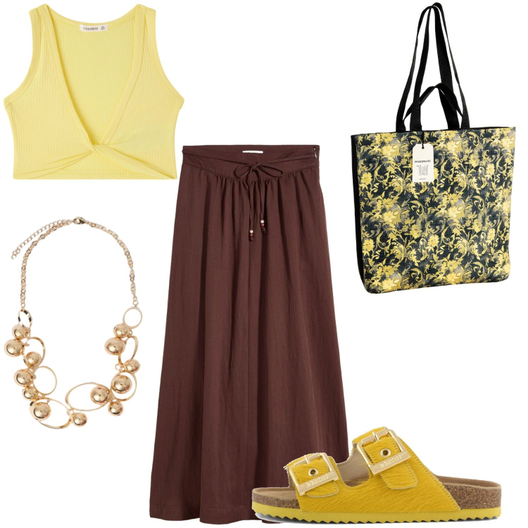 Outfit donna - Colorì spezziati. Stile Boho per Mare. Abbinamento con gonne lunghe, top, borse tote, collane, sandali.