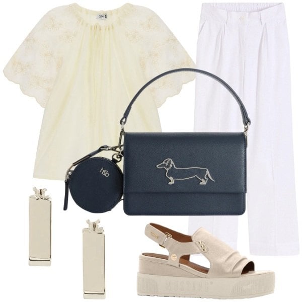 Outfit donna - Borsa al centro dell\'attenzione. Stile Casual chic per Tutti i giorni. Abbinamento con sandali, pantaloni a palazzo, borse a tracolla, orecchini, bluse.