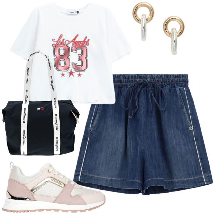 Outfit donna - Please summer Freedom. Stile Casual per Tutti i giorni. Abbinamento con orecchini, shorts, t-shirt, sneakers, shopping bag.