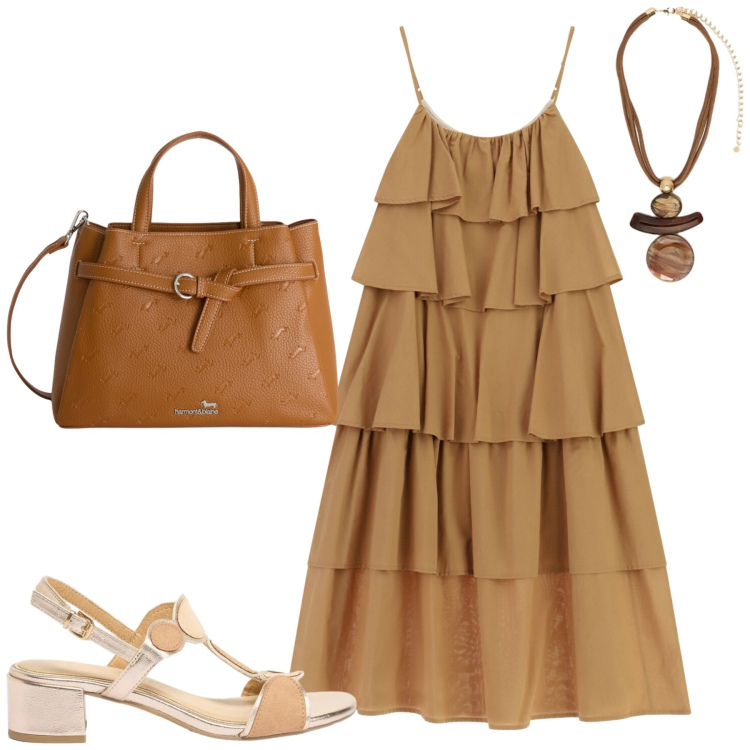 Outfit donna - Summer. Stile Casual chic per Tutti i giorni. Abbinamento con sandali col tacco, vestiti lunghi, borse a mano, ciondoli.