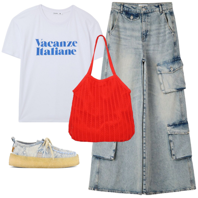 Outfit donna - Vacanze italiane. Stile Minimal per Tutti i giorni. Abbinamento con shopping bag, jeans, t-shirt, scarpe stringate.