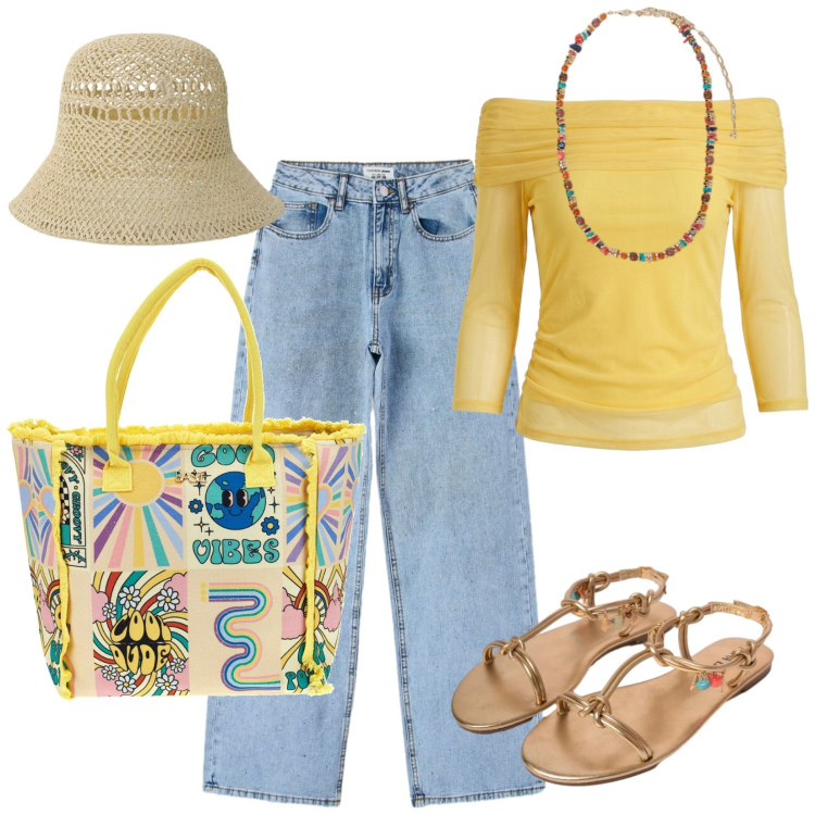 Outfit donna - Vivace in vacanza. Stile Casual per Tutti i giorni. Abbinamento con jeans, cappelli, collane, top, sandali in pelle, borse a spalla.