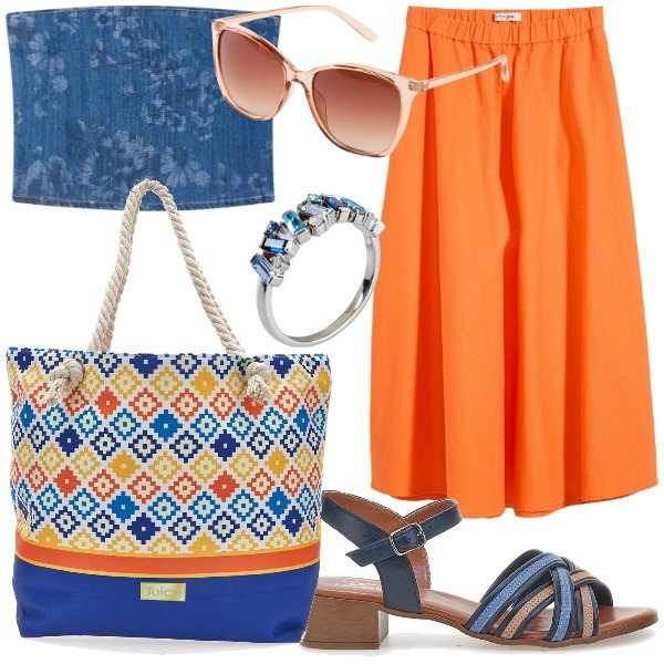 Outfit donna - Maxi borsa per l\'estate. Stile Casual chic per Tutti i giorni. Abbinamento con gonne longuette, anelli, occhiali da sole, top, sandali col tacco, shopping bag.