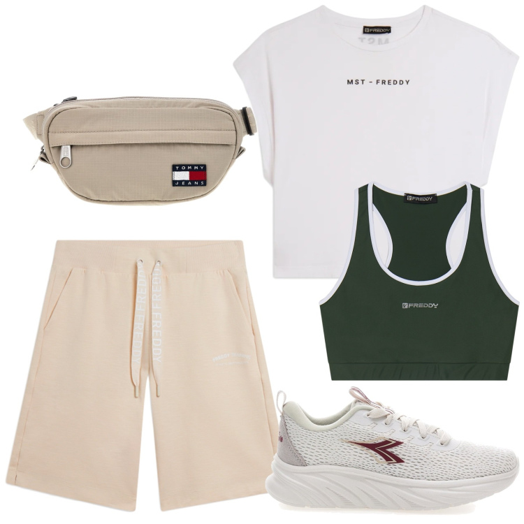 Outfit donna - Total look #2432575. Abbinamento con pantaloni corti, t-shirt, reggiseni, borse sportive, scarpe sportive.