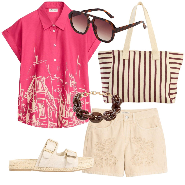 Outfit donna - Passeggiata per i borghi. Stile Casual per Tutti i giorni. Abbinamento con camicie a manica corta, braccialetti, bermuda, occhiali da sole, ciabatte, shopping bag.