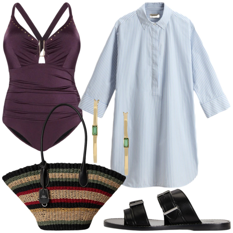 Outfit donna - Total look #2432578. Stile Chic per Mare. Abbinamento con costumi interi, borse tote, sandali in pelle, orecchini, vestiti corti.