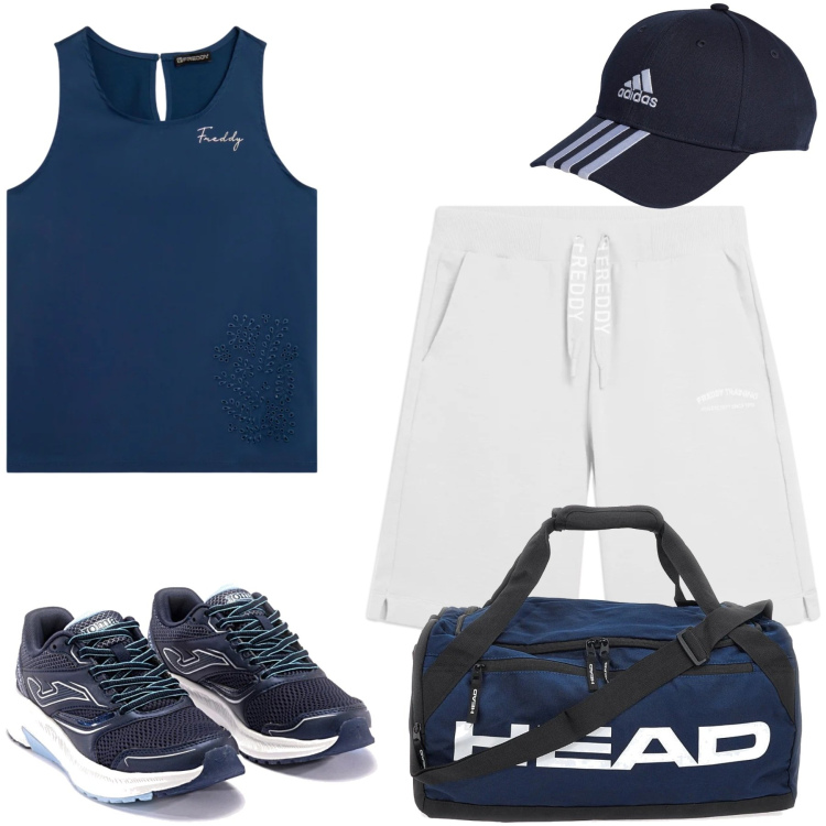 Outfit donna - Total look #2432579. Abbinamento con pantaloni corti, top, scarpe sportive, borse sportive, cappelli con visiera.