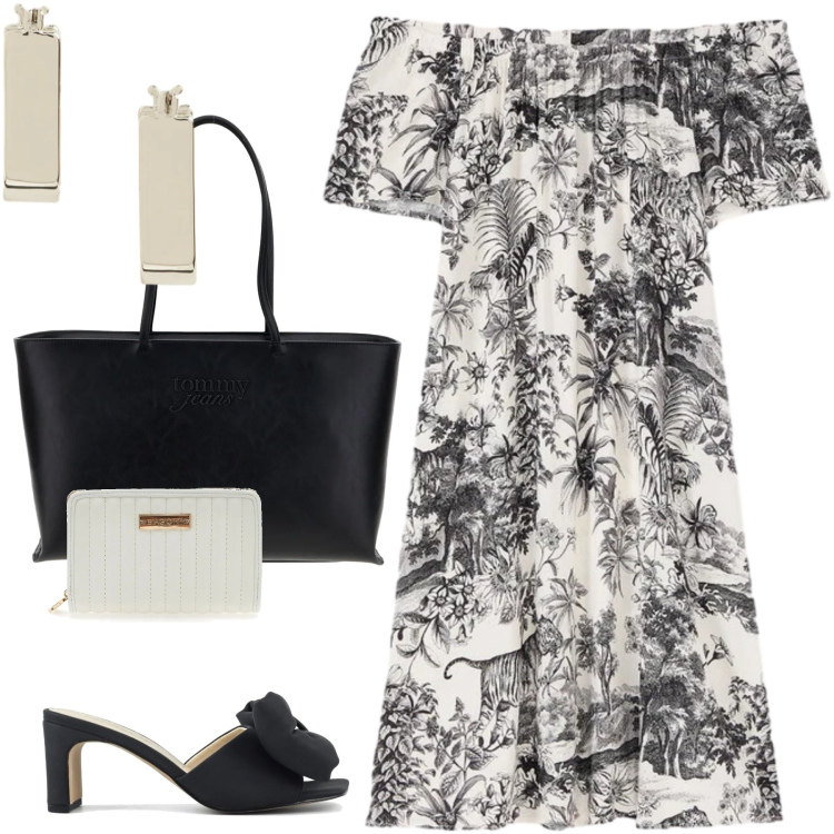 Outfit donna - Total look #2432581. Abbinamento con vestiti corti, orecchini, sandali col tacco, borse a spalla, portafogli.