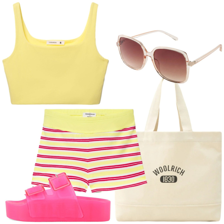 Outfit donna - Total look #2432584. Stile Basic per Mare. Abbinamento con occhiali da sole, shorts, canottiere, borse tote, sandali.