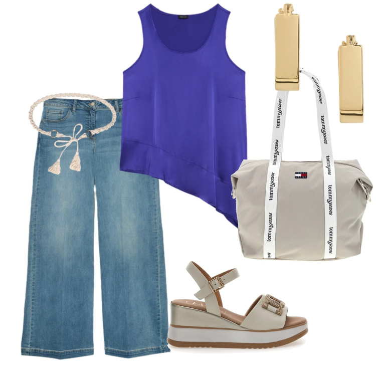 Outfit donna - In denim. per Tutti i giorni. Abbinamento con canottiere, jeans, cinture, orecchini, sandali col tacco, shopping bag.
