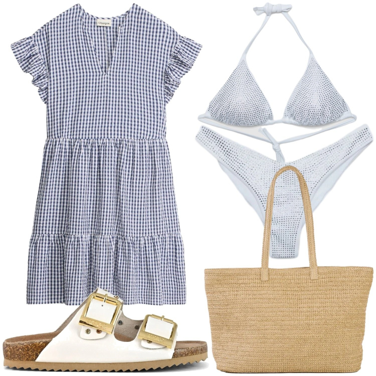 Outfit donna - Relax al mare. Stile Minimal per Mare. Abbinamento con vestiti corti, shopping bag, bikini, bikini, sandali.
