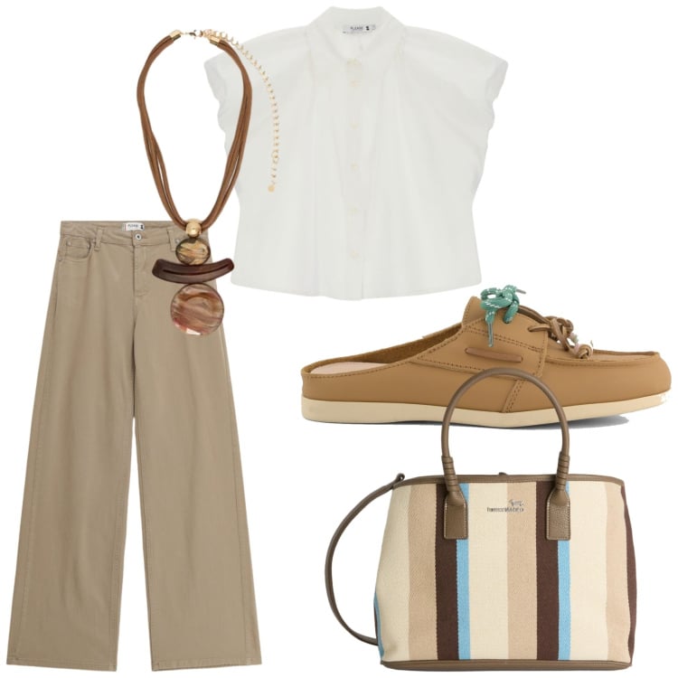 Outfit donna - Total look #2432591. Stile Casual chic per Ufficio. Abbinamento con shopping bag, pantaloni, camicie a manica corta, ciondoli, sabot.