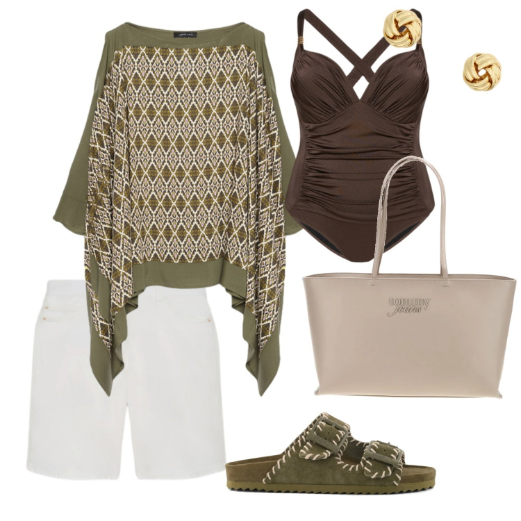 Outfit donna - Summer. per Mare. Abbinamento con bluse, bermuda, costumi interi, orecchini, borse a spalla, sandali in pelle.