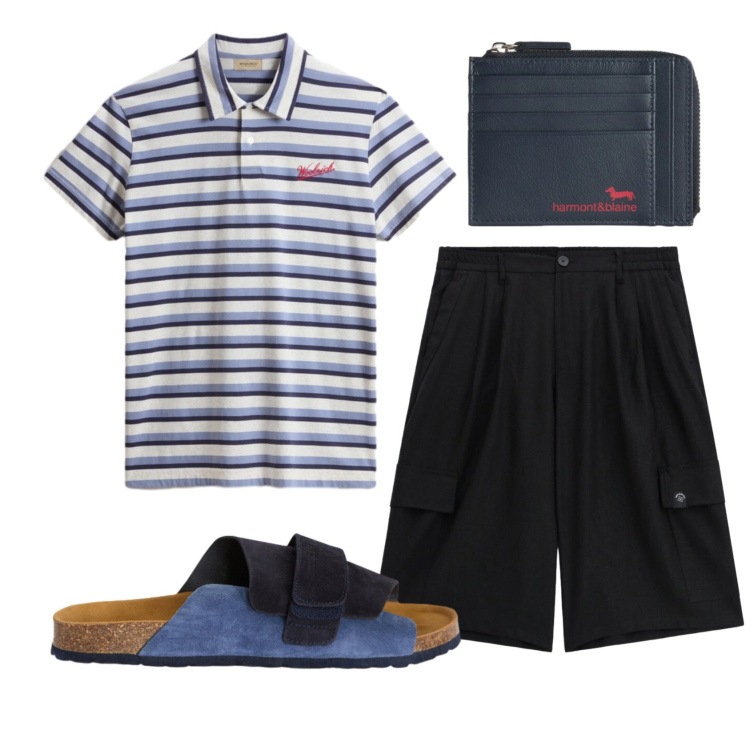 Outfit uomo - Total look #2432601. Stile Casual per Tutti i giorni. Abbinamento con portamonete, sandali, polo, bermuda.