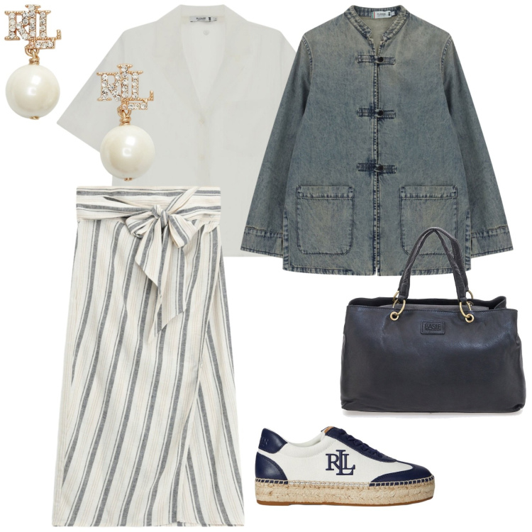 Outfit donna - Please Summer. per Ufficio. Abbinamento con sneakers, orecchini, gonne longuette, blazer, camicie a manica corta, borse a mano.