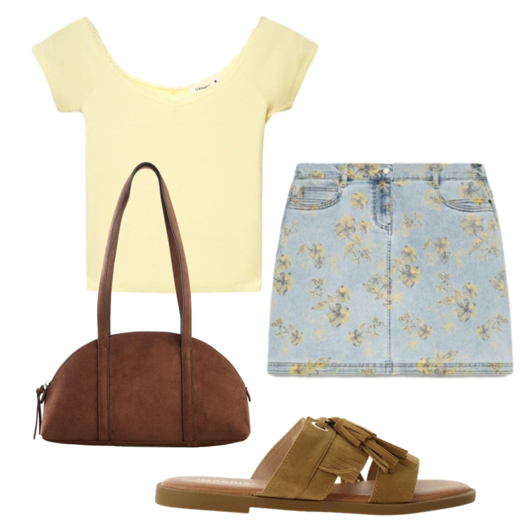 Outfit donna - Total look #2432604. Stile Basic per Tutti i giorni. Abbinamento con borse a tracolla, t-shirt, sandali, minigonne.