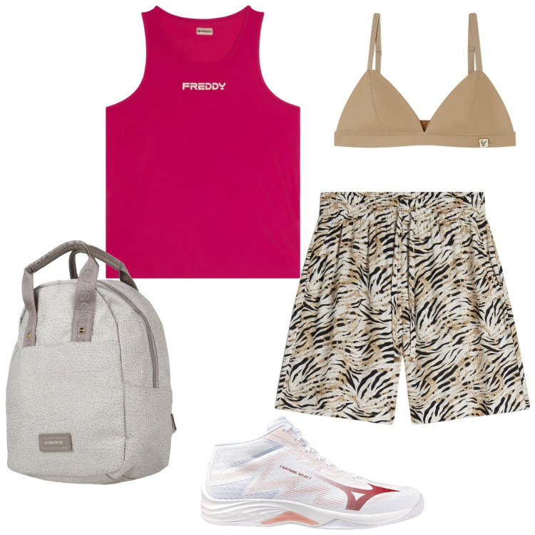 Outfit donna - Dinamismo estivo. Stile Sporty chic per Sport. Abbinamento con zaini, reggiseni, canottiere, bermuda, sneakers.