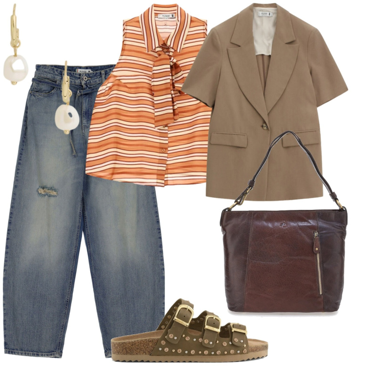 Outfit donna - Giornata intensa. per Tutti i giorni. Abbinamento con jeans, blazer, camicie, orecchini, borse a spalla, sandali.