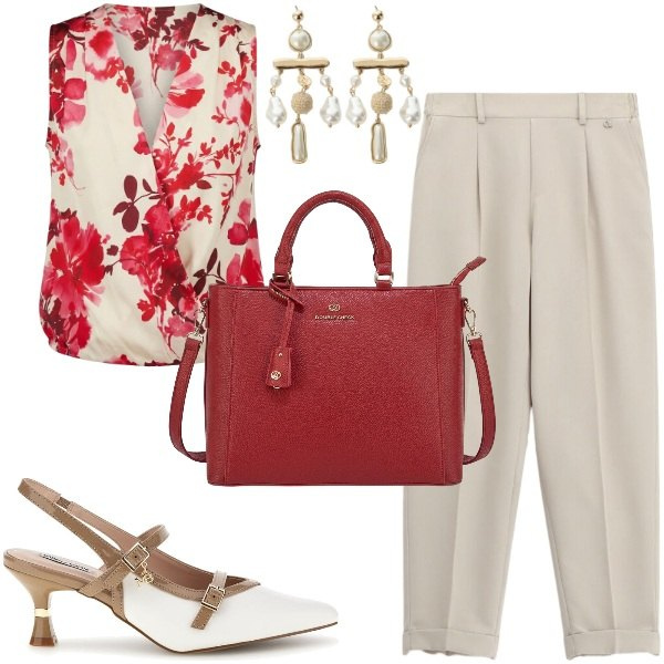Outfit donna - Chic. Stile Chic per Ufficio. Abbinamento con pantaloni, orecchini, top, décolleté, borse a tracolla.