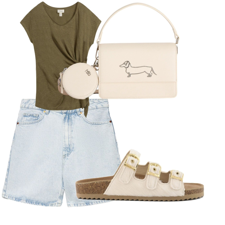 Outfit donna - Sobrio. Stile Casual chic per Tutti i giorni. Abbinamento con t-shirt, bermuda, borse a tracolla, sandali in pelle.