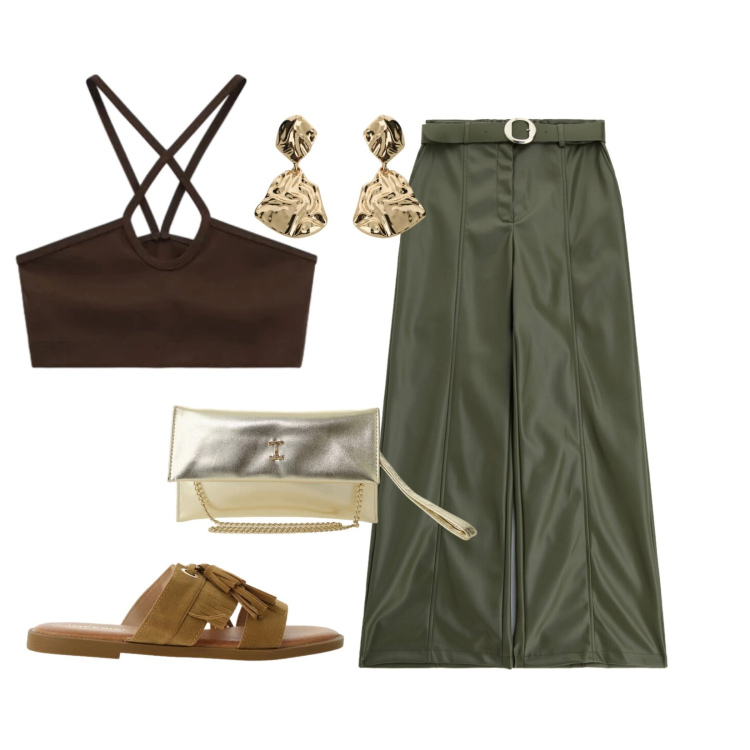 Outfit donna - Pronta... Sempre!. Stile Casual chic per Tutti i giorni. Abbinamento con orecchini, pantaloni, borse a tracolla, top, sandali.