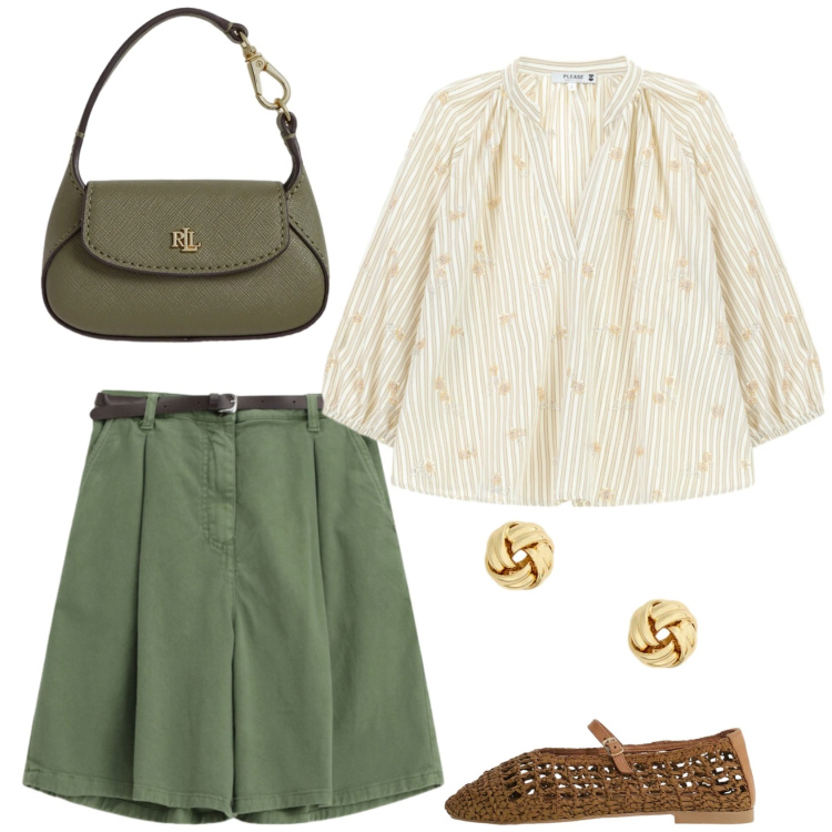 Outfit donna - Boho. Stile Romantica per Tutti i giorni. Abbinamento con shorts, bluse, ballerine, orecchini, borse a mano.