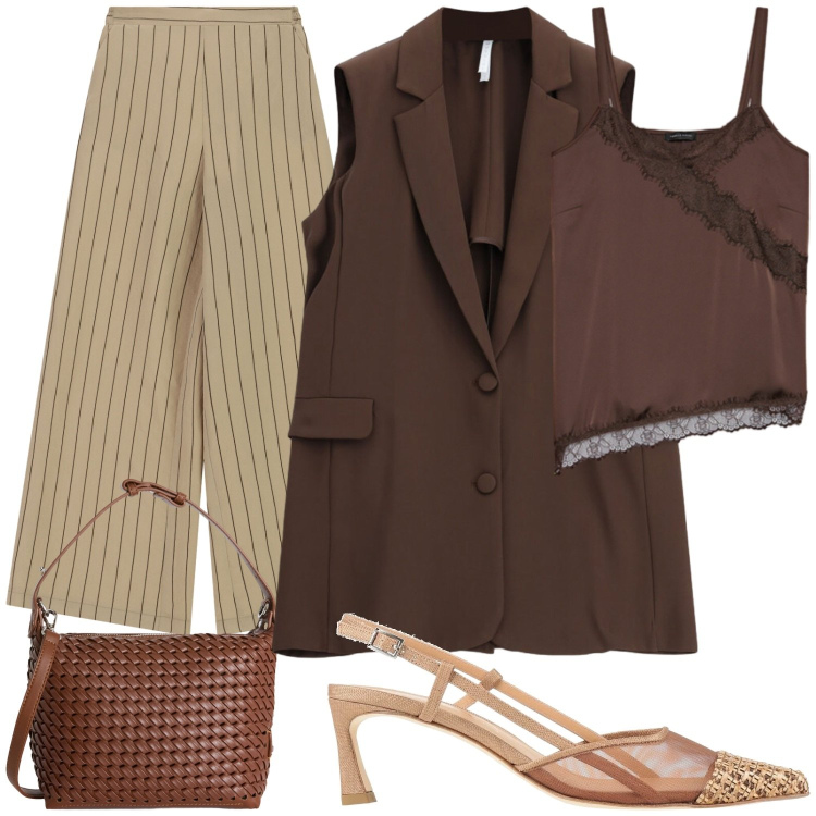 Outfit donna - Vacanze in città. Stile Casual chic per Tutti i giorni. Abbinamento con décolleté, gilet, pantaloni a palazzo, borse a spalla, top.