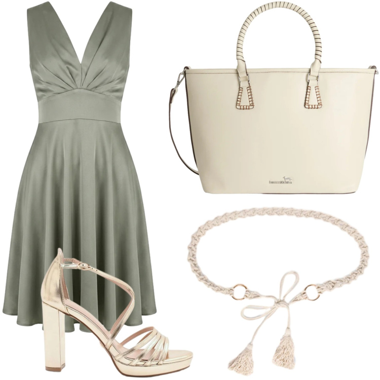 Outfit donna - Elegant green. Stile Glamour per Serata fuori. Abbinamento con shopping bag, cinture, sandali col tacco, vestiti corti.