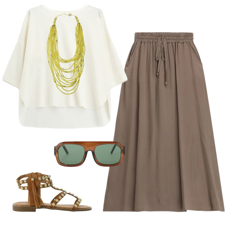 Outfit donna - Total look #2432624. Stile Casual per Tutti i giorni. look ideale per Tall. Abbinamento con occhiali da sole, bluse, collane, sandali, gonne lunghe.