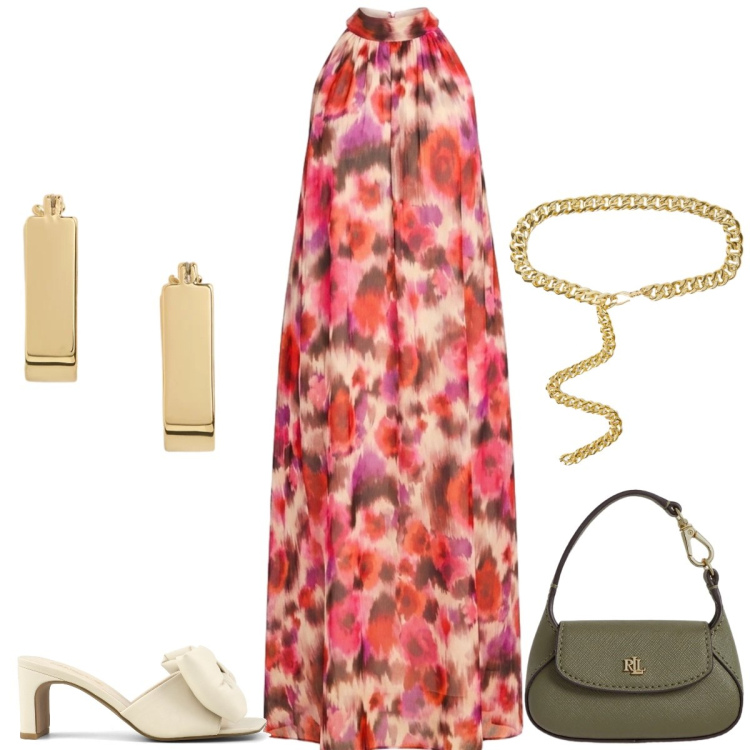 Outfit donna - Total look #2432626. Stile Chic per Tutti i giorni. Abbinamento con vestiti lunghi, cinture, borse a mano, orecchini, sandali col tacco.
